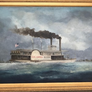 Paddlewheel Riverboat on the Hudson, Oil Painting, The Chas. Carroll, 1850&#39;s-1870&#39;s