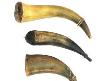 Three Late 18th C. American Powder Horns Carved; Two with Hand-Carved Stopper
