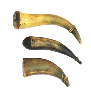 Three Late 18th C. American Powder Horns Carved; Two with Hand-Carved Stopper