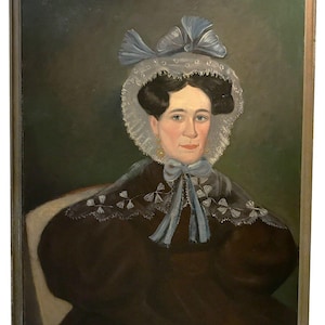 Early 19th c. American Folk Art Portrait Oil Painting Women in a Blue Bonnet