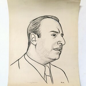 Original 1948 Raul Anquiano Signed Ink Drawing Portrait of Man Important Mexico
