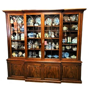 1810 English George III Mahogany Breakfront, Cabinet, Bookcase, Brass Trim