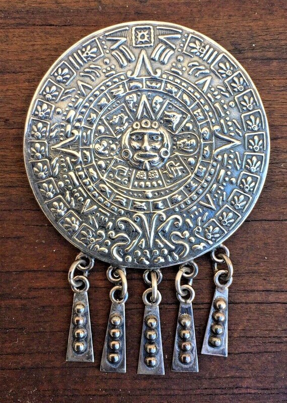 Ancienne Broche/pendentif Maya/Aztèque Calendrier - Argent 925 - Bijou Ethnique Vintage - Occasion