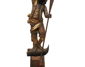 c. 1860s Hand Carved & Painted Venetian Polychrome Blackamoor Gondolier Torchier