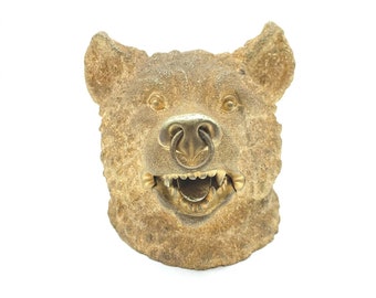 19th C. Russian Dore Gilt Bronze Bear Head, Figural Inkwell, Antique