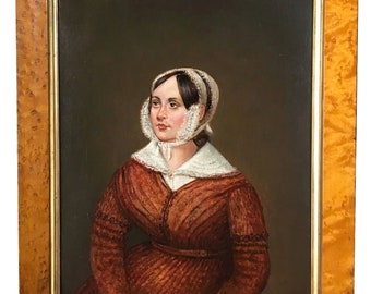 c. 1840 American Primitive Folk Art Oil on Canvas Portrait of Woman