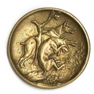 Bandeja antigua para pipa/tarjetas con figura de perros de caza Doberman Pinscher, de bronce, alemana, c. 1900.
