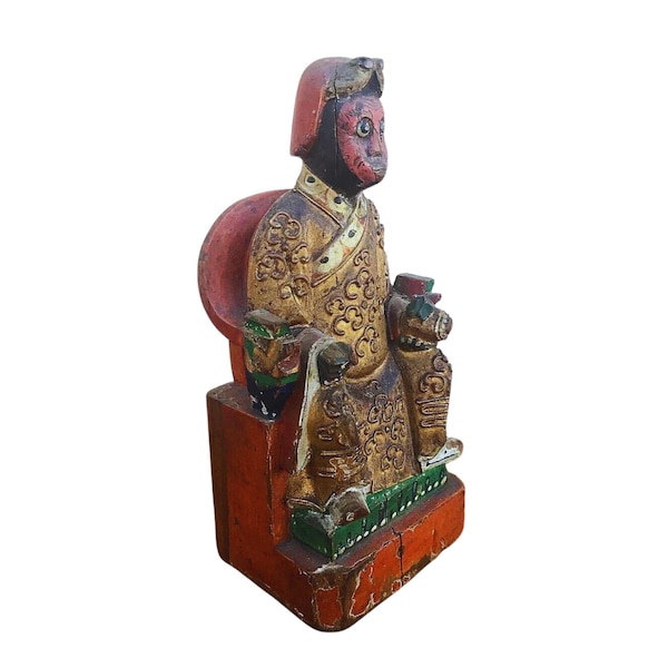 Antique Chinese Sun Wukong Monkey God Temple Figure, Wood Painted Kitchen God