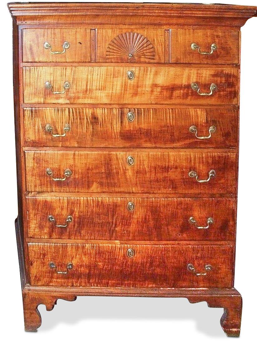 Circa 18th c. American Chippendale Tiger Maple Tall Chest, Bracket Feet, PA