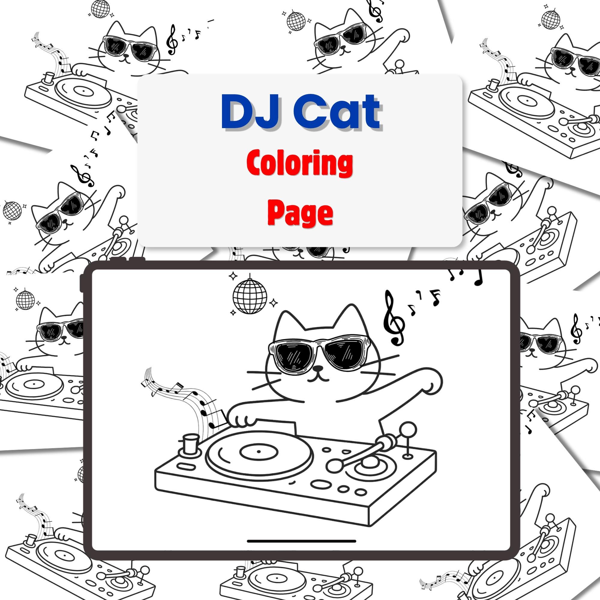 DJ Cat Coloring Page Printable | Cute Disco Cat DJ Coloring Sheet ...