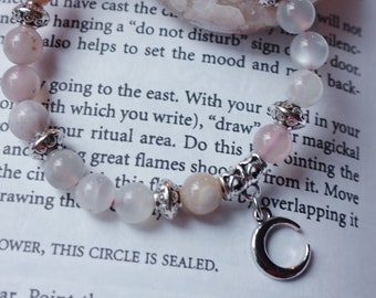 Flower Agate and Moonstone Bracelet with Crescent Moon Charm