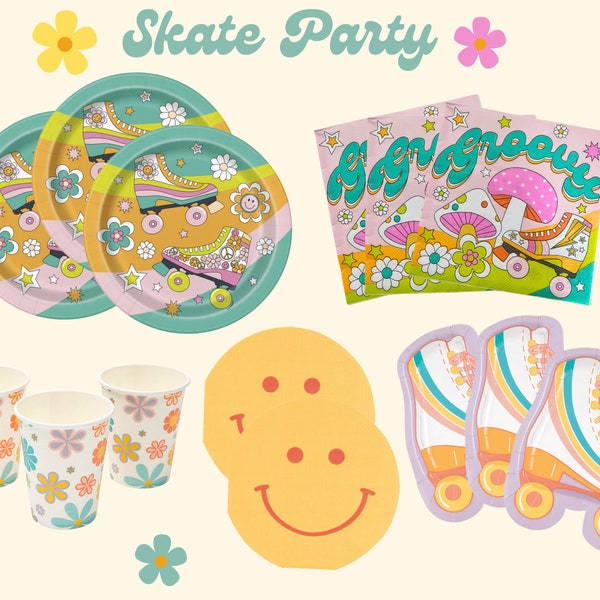 Roller Skate Party Tableware Plates Napkins Groovy Pastel Floral Cups Retro Skate Happy Birthday Colorful Roller Skate Party Decor Supplies