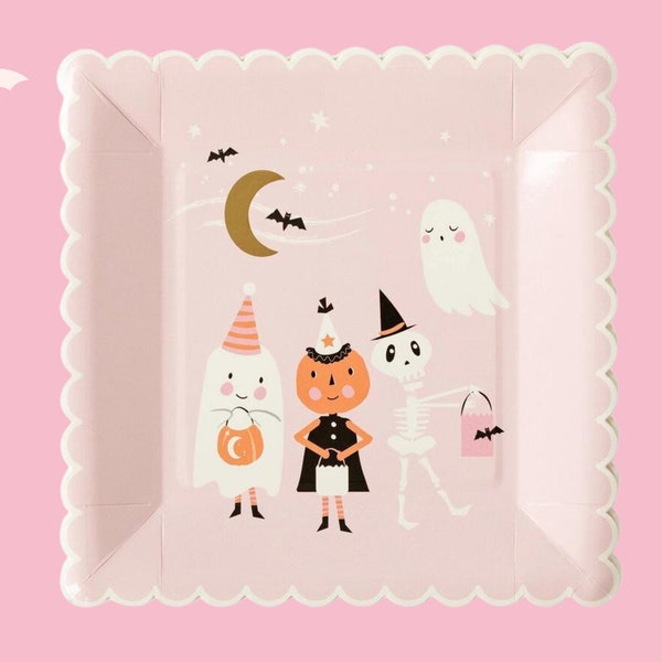 Whimsical Ghoul Gang Halloween Scalloped Paper Party Plates Pumpkin Pastel Pink Tableware Supplies Decorations Moon Bats