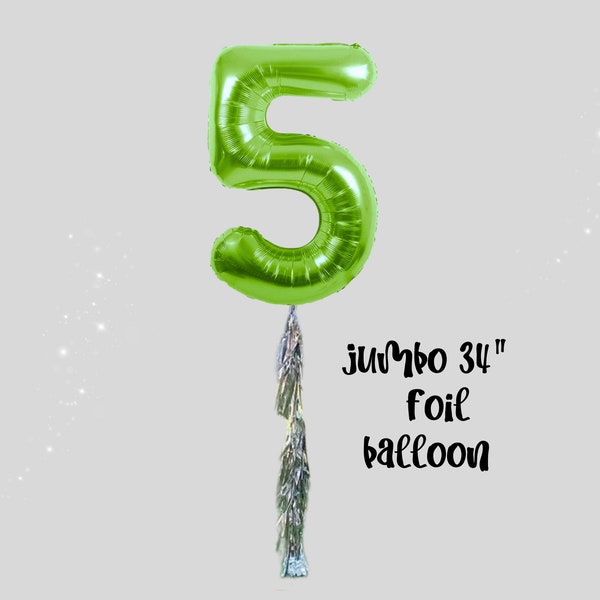 Green 34” Number Mylar Balloon | Jumbo Balloon with Silver Tassel Tail, Gamer Party Supplies