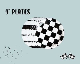 Retro Race Car Checkered White and Black Party Paper Plates