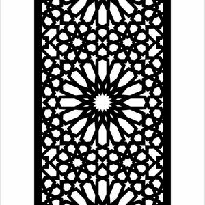 Peut inclure: Motif géométrique noir avec un motif répétitif d'étoiles et de fleurs. Le design symétrique est enfermé dans un cadre rectangulaire. Idéal pour les panneaux décoratifs, les écrans ou les éléments architecturaux.