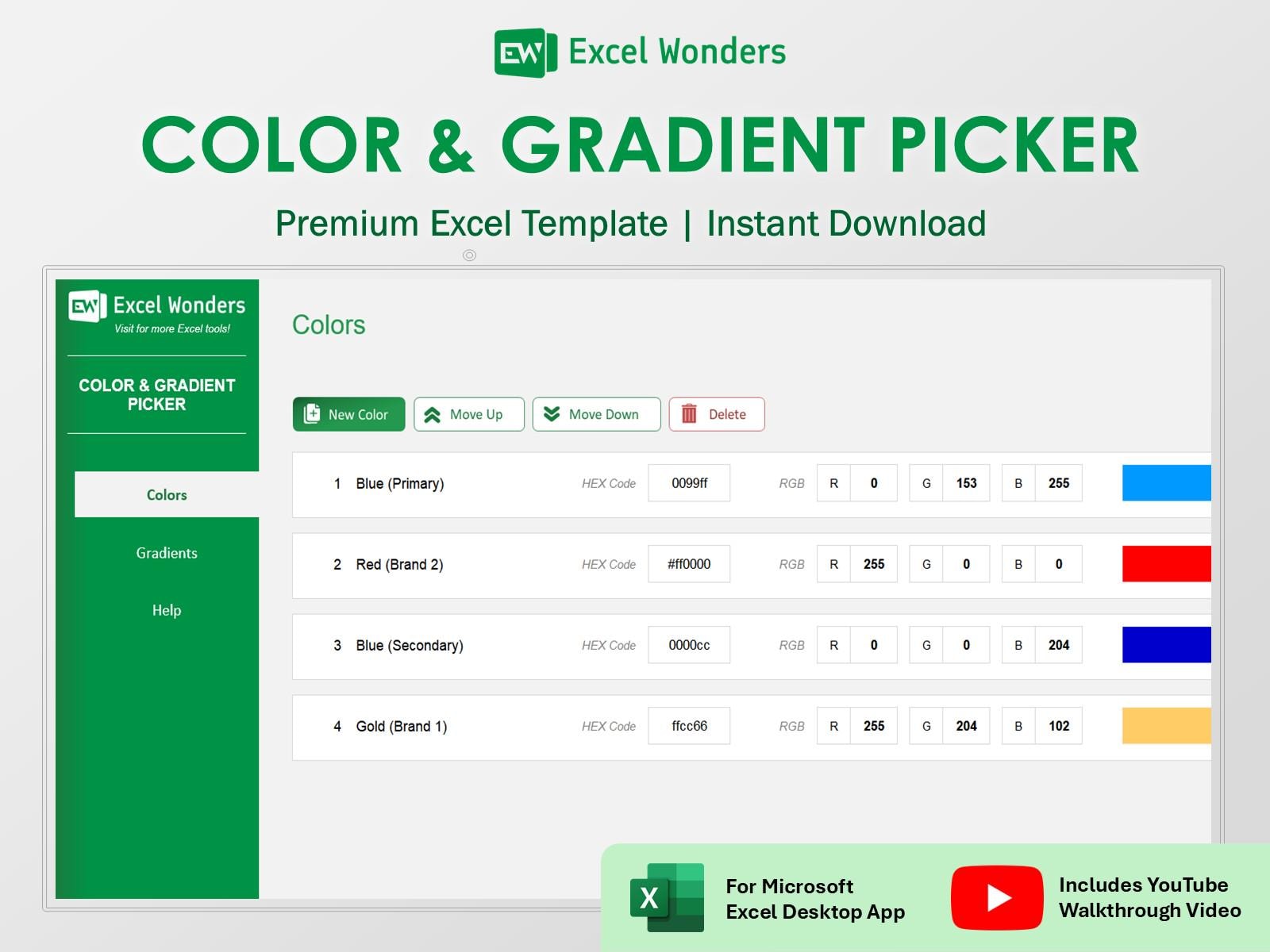 Excel Color Palette Spreadsheet | Gradient Picker & Hex RGB Codes for ...