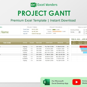 Modèle de diagramme de Gantt Excel | Calendrier du projet et planificateur de calendrier | Chefs de projet (téléchargement numérique)