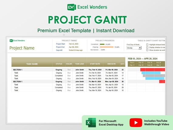 Excel Gantt Chart Template | Project Timeline & Schedule Planner | Project Managers (Digital Download)