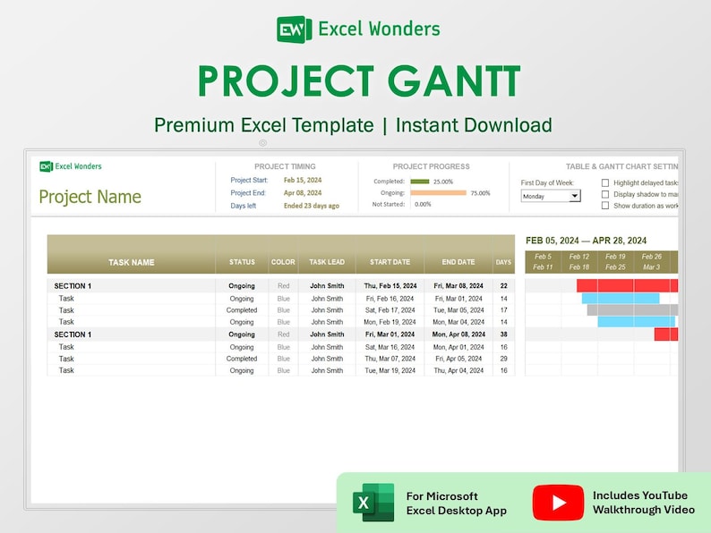 Excel Gantt Chart Template | Project Timeline & Schedule Planner | Project Managers (Digital Download) image 1