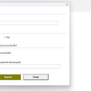 Może przedstawiać: Okno podręczne z tytułem "Eksportuj jako..." Okno zawiera sekcję "Nazwa pliku" z opcjami "Domyślne" i "Własne." Istnieje sekcja "Format pliku" z opcjami "Excel (XLSX)" i "PDF." Okno zawiera sekcję "Gdzie chcesz zapisać plik?" z opcjami "Ta sama lokalizacja co plik Excel," "Pulpit" i "Własne (skopiuj i wklej ścieżkę katalogu)." Okno zawiera dwa przyciski: "Eksportuj" i "Zamknij."
