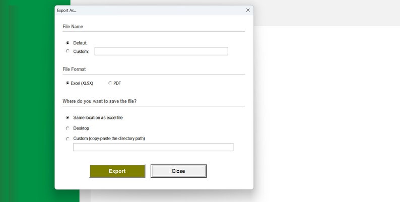 Może przedstawiać: Okno podręczne z tytułem "Eksportuj jako..." Okno zawiera sekcję "Nazwa pliku" z opcjami "Domyślne" i "Własne." Istnieje sekcja "Format pliku" z opcjami "Excel (XLSX)" i "PDF." Okno zawiera sekcję "Gdzie chcesz zapisać plik?" z opcjami "Ta sama lokalizacja co plik Excel," "Pulpit" i "Własne (skopiuj i wklej ścieżkę katalogu)." Okno zawiera dwa przyciski: "Eksportuj" i "Zamknij."