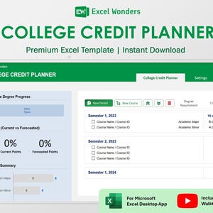 College Credit Tracker Excel Template | Degree Planner Spreadsheet for Students (Digital Download)