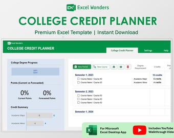 College Credit Tracker Excel Template | Degree Planner Spreadsheet for Students (Digital Download)
