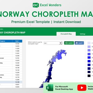 Norway Map Excel Template | Choropleth Heat Map | Data Visualization for Reports (Digital Download)