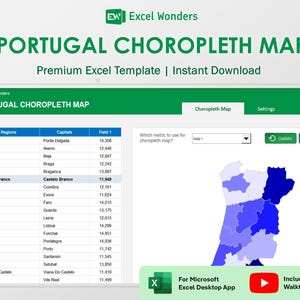 Mapa de distritos de Portugal / Plantilla de coropletas de Excel / Análisis y visualización de datos (descarga digital)