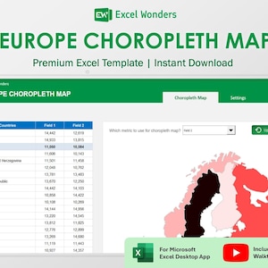 Mapa Europy w formacie Choropleth dla programu Excel | Szablon wizualizacji danych | Analitycy i badacze (wersja cyfrowa do pobrania)
