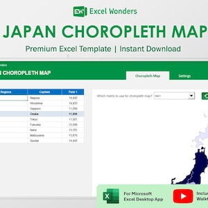 Japan Map Excel Template | Choropleth Color-Coded Regions for Data Analysis (Digital Download)
