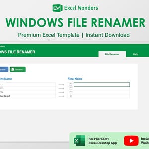 Excel File Renamer Template | Bulk File Rename Tool for Windows (Digital Download)