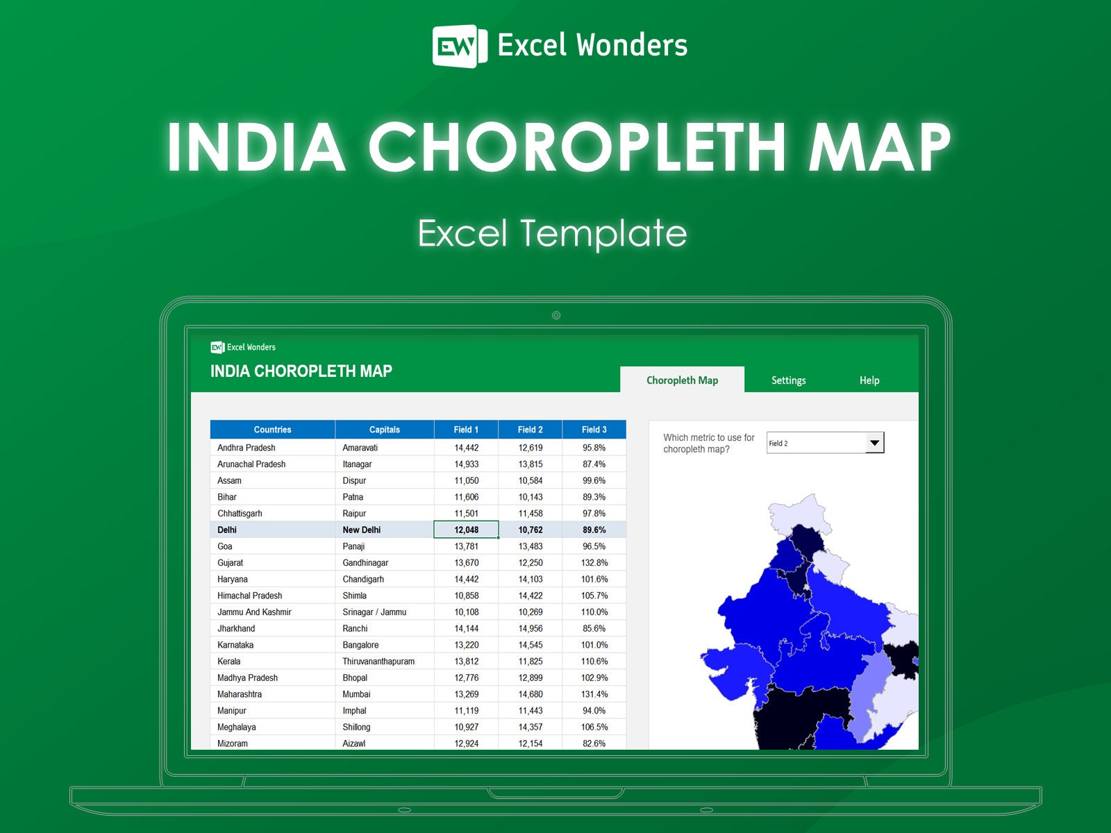 India Choropleth Map Excel Template Excel Wonders - Etsy