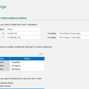 Może przedstawiać: Zrzut ekranu strony internetowej z ustawieniami dla wykresu rozproszenia. Użytkownik może wybrać etykietowanie zmiennych X i Y, włączenie warunkowego kolorowania i zdefiniowanie osi X i Y. Użytkownik może r&oacute;wnież wybrać między zwykłym wykresem rozproszenia a wykresem rozproszenia z ruchem.