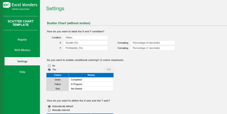 Może przedstawiać: Zrzut ekranu strony internetowej z ustawieniami dla wykresu rozproszenia. Użytkownik może wybrać etykietowanie zmiennych X i Y, włączenie warunkowego kolorowania i zdefiniowanie osi X i Y. Użytkownik może r&oacute;wnież wybrać między zwykłym wykresem rozproszenia a wykresem rozproszenia z ruchem.