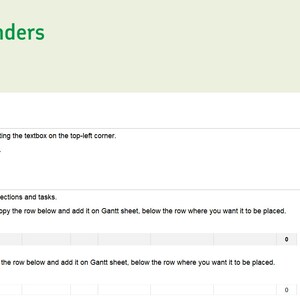 May include: A screenshot of a web page with instructions on how to use a Gantt chart template. The page has a green header with the text "Excel Wonders" and a white background. The instructions include steps on how to change the name of the project, select the first day of the week, and add new sections and tasks.