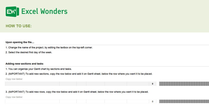 May include: A screenshot of a web page with instructions on how to use a Gantt chart template. The page has a green header with the text "Excel Wonders" and a white background. The instructions include steps on how to change the name of the project, select the first day of the week, and add new sections and tasks.