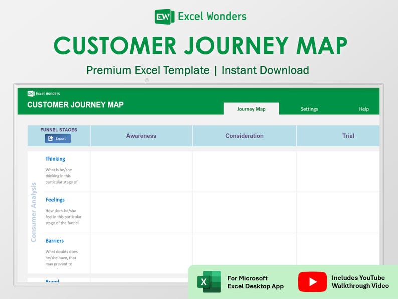 Modelo de Excel para Mapeamento da Jornada do Cliente | Ferramenta de Estratégia de Marketing para Planejamento de Negócios (Download Digital) imagem 1
