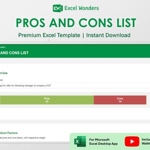 Szablon listy zalet i wad w programie Excel: narzędzie do podejmowania decyzji (wersja cyfrowa do pobrania)