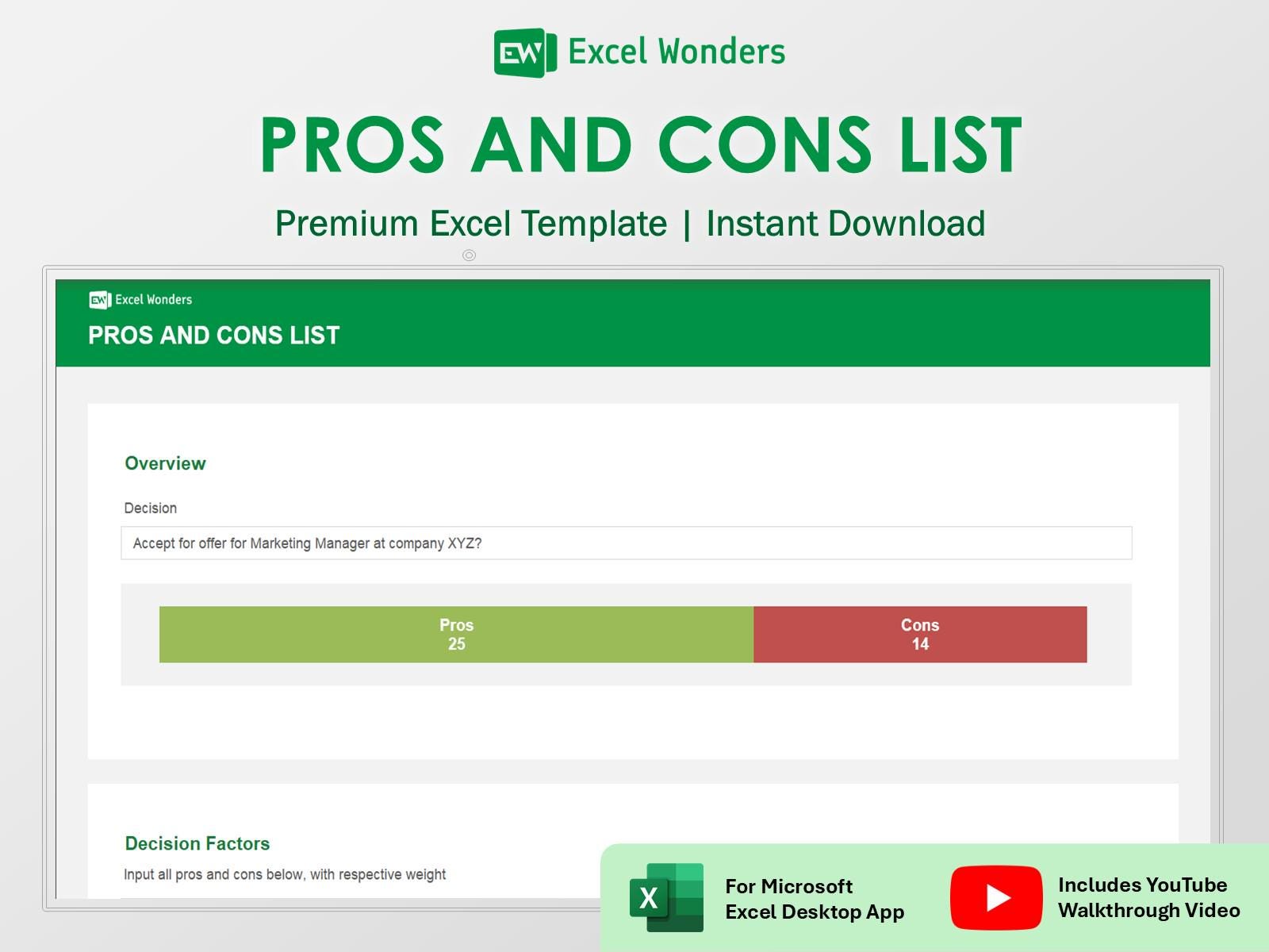Pros and Cons List Excel Template: Decision-making Tool (digital ...