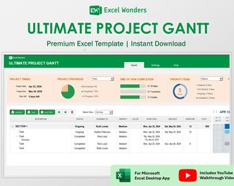 Najlepszy szablon wykresu Gantta w programie Excel | Harmonogram projektu i planer zadań dla menedżerów (wersja cyfrowa do pobrania)