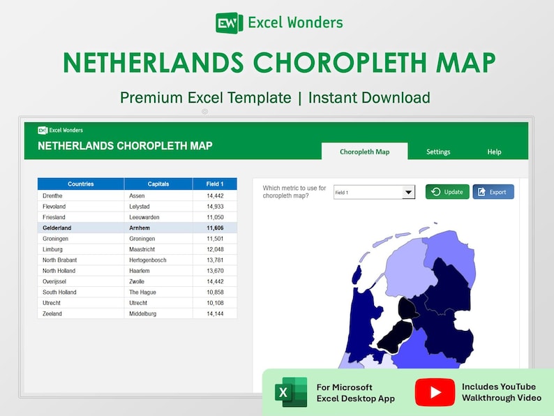 Netherlands Postcode Map Excel Template | Color-coded Choropleth for ...