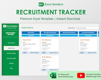 Szablon programu Excel do śledzenia rekrutacji | Śledzenie ofert pracy i kandydatów w dziale HR (wersja cyfrowa do pobrania)