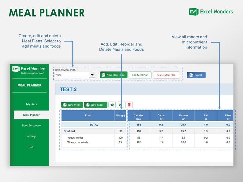 Excel Meal Planner Customizable Meal Plan Template for Nutrition