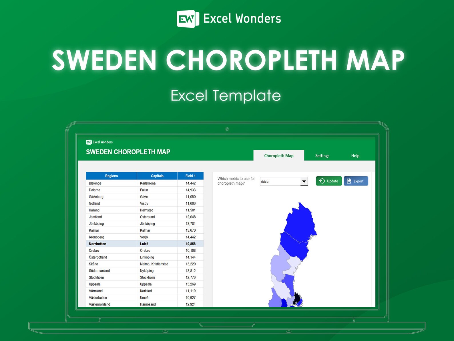 Sweden Choropleth Map Excel Template | Interactive Editable Color-coded ...