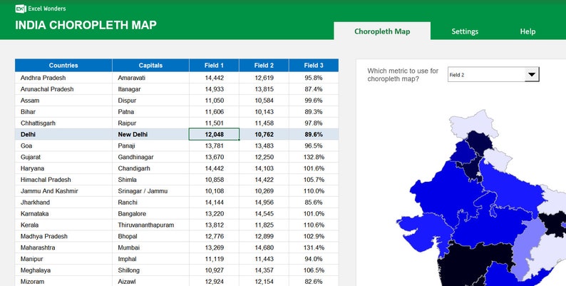 India Choropleth Map Excel Template | Data Visualization Spreadsheet ...