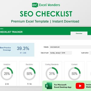 SEO Checklist Excel Template | SEO Audit Planner for Marketers (Digital Download)