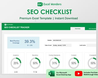 Modèle Excel de liste de contrôle pour le référencement | Planificateur d'audits SEO pour les spécialistes du marketing (téléchargement numérique)