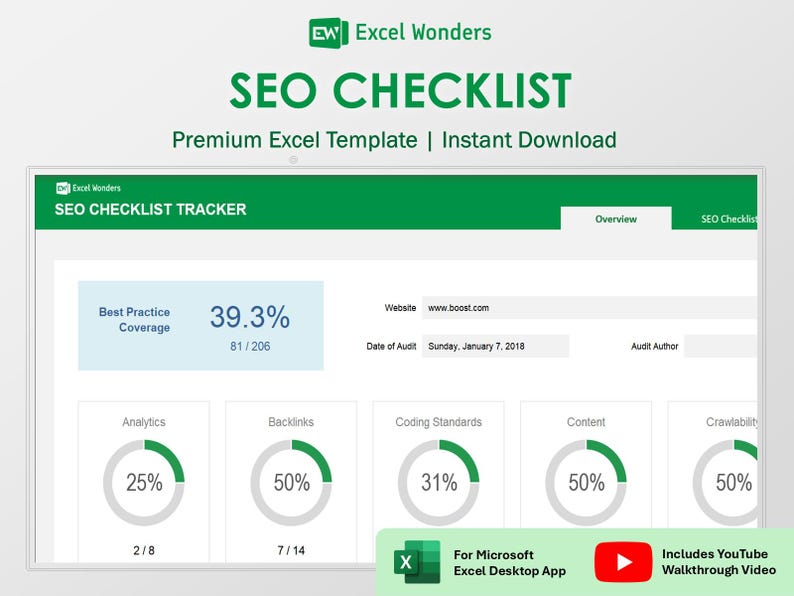 SEO Checklist Excel Template SEO Audit Planner for Marketers (digital
